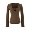 Camiseta Sexy de Manga Larga con Cuello en V Profundo para Mujer, Diseño de Huecos de Moda, Camiseta Básica Elegante, Top Ajustado de Color Sólido