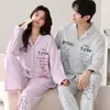 Pijama 100% Algodão para Mulheres e Casais, Outono e Inverno, Manga Longa, Calça Longa, Cardigã, Gola Lapela, Desenho Animado, Solto, Conjunto para Casa, Pode Ser Usado Fora