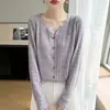 Cardigan de Tricô Gola V com Fio Floral Novo Outono/Inverno 2026 Manga Longa Feminino Base Torcida Canelada Camisa Top