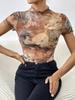 Amazon Transfronterizo Europeo y Americano 2026 Nueva Elegante Camiseta de Malla Estampada con Volantes de Manga Corta Top Adelgazante Ropa para Mujer