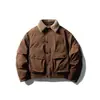 Roupas Vintage 2025 Inverno Novo Retro Americano Desconstruído Bolso Dividido Color Block Gola de Pele Jaqueta de Algodão Quente