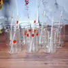 Taza de Vidrio Transparente Resistente al Calor de Alto Borosilicato con Impresión de Fresas, Estilo Ins Lindo Femenino, Corazón Calentado, con Tapa y Popote para Jugo de Leche