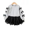 Amazon Transfronterizo Otoño Nuevo Top Gris de Manga Larga con Lazo Tridimensional y Falda de Malla Negra Ropa Infantil