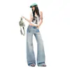 Jeans de pierna recta de tiro bajo, lavados y desgastados, estilo callejero americano, color Naranja Juvenil # para mujer, corte slim, modernos y versátiles, pantalones de largo hasta el suelo