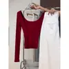 Estilo europeu e americano sexy menina gostosa sem costas com bojo camiseta de manga comprida justa feminina nicho gola U curta justa camisa básica