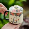 Taza de Cerámica Blanca de Roca Mineral de Fábrica con Separador de Agua para Té, Taza Mug Linda con Tapa, Flor de Amor Mariposa, Gato, Taza de Té Individual