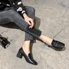 Sapatos Couro Genuíno Sapatos Femininos Bico Quadrado Vestir Combina com Tudo Salto Grosso Simples Sapatos Mary Jane para Meninas Estilo Coreano Primavera e Outono Aumento de Altura para Trabalho