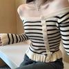 Camiseta de Cuello Redondo Estilo Chanel para Mujer Otoño e Invierno Nueva Transfronteriza Diseño Rayado con Botones Sentido Ajustada Adelgazante Manga Larga