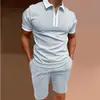 Conjunto de polo para hombre de manga corta, estampado, ajustado, con cremallera y solapa, estilo estación independiente europea y americana
