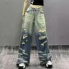 Jeans casuales geniales estilo americano con rotos y parches para hombre, pantalones largos rectos de corte holgado, jeans de moda de alta costura desgastados
