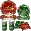 Set de Banner de Plato Desechable Rojo y Dorado de Navidad Merry Christmas Suministros para Decoración de Fiesta Festiva