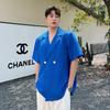 Camisa de Manga Corta Waffle con Cuello de Vestir de Doble Botonadura Duffian Shuai para Hombre Verano Ins Tendencia Holgada High Street Sentido del Diseño Peluquero