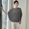 Camiseta de Verão 2025 com Mangas Morcego Plissada Transfronteiriça Design Sense Cor Sólida Pêndulo Inclinado Elástico Casual Versátil Gola Redonda Top