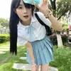 Camisa Blanca Preppy de Manga Corta Uniforme Original Jk Traje de Verano para Estudiante Top Básico Material Escolar Falda Cuadros Azul Pino