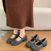 Sapatos Mary Jane com Salto Grosso, Sapatos de Festa para Combinar com Saias, Sapatos Peludos Estilo Francês para Mulheres, Adequados para Uso Externo no Outono e Inverno, Sapatos Baixos de Lã Cinza para Mulheres