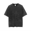 Camiseta de Algodão Puro com Efeito Desgastado, Manga Curta, Listra nas Costas, Caimento Solto Vintage, Unissex, Gola Redonda Artística, Estilo Batik