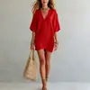 Nova Coleção Primavera e Verão 2026 Transfronteiriça Amazon Europeia e Americana Comércio Exterior Roupas Femininas Camiseta de Cor Lisa Solta com Decote V Tops Estilo Férias para Mulheres