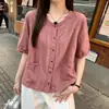 2026 Sudeste Asiático Verão Novo Algodão Linho Camisa Retrô Casual Manga Curta Cardigan Top Jaqueta de Temperamento