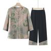 Mamá 2024 Nuevo traje Camisa estampada Pantalones de pierna ancha Top holgado simple Pantalones capri Camisa de talla grande Delgada