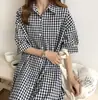 Vestido de Algodón y Lino Estilo Harajuku Largo Coreano 2022 Primavera y Verano Nuevo Llegado Holgado de Manga Corta Cuadros Vestido Camisa ebay