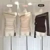 Jade Suave e Perfumado 2026 Novo Estilo Elegante Emagrecedor Malha com Strass Ombro a Ombro Manga Longa Camisa Top para Mulheres, Cor Damasco Branco de Outono, Outros