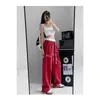 Calça de Moletom Patchwork Color Block de Cintura Alta High Street Americana para Mulheres Primavera e Outono Calça de Moletom Hip Hop Street Dance Calça Larga Solta com Punho