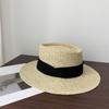 Sombrero de paja con protector solar de moda francesa, sombrero de playa para mujer, sombrero de ala grande para vacaciones en la playa, sombrero de paja retro plano.