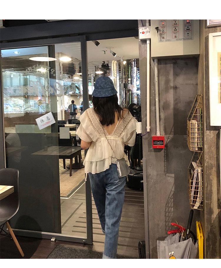 商品详情图_2024新款小仙女bi备荷叶边v领蕾丝上衣宽松短