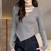 Camiseta de Manga Larga con Diseño Asimétrico Talla Grande para Mujer Otoño e Invierno 2025 Nuevo Look Holgado Adelgazante Top que Cubre la Carne Camiseta Básica