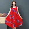 Vestido Chaleco de Algodón y Seda Talla Grande Verano Nuevo Estilo Étnico Ropa para Mujer Literario Retro Estampado Sin Mangas Falda Larga