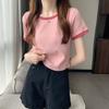Camiseta de Algodão de Cor Contrastante com Gola Redonda e Manga Curta para Mulheres 2024 Nova Camiseta Básica de Verão Estilo Coreano Slim Top Curto Moderno