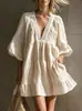 Nuevo Vestido de Encaje con Cuello en V Estilo Bohemio para Mujer Falda Mini Holgada de Vacaciones Cubre-traje de Playa
