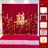 Decoración de habitación de boda en estilo chino nuevo con cortinas de tela, decoraciones de personajes de boda para el cabecero, pared de fondo para dormitorio de boda