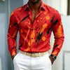 Nueva camisa de manga larga para hombre con base azul y estampado de salpicaduras naranja-amarillas, diseño audaz y llamativo, versátil para ir al trabajo