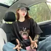 Camisetas de Algodón Puro de Dibujos Animados Europeos Oversize Falsas de Dos Piezas para Mujer, Populares Empalmes de Encaje Protección Solar Look Adelgazante Holgado Tops
