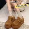 Sapatos Femininos Birkenstock-Style de Couro Grosso com Salto Aumentado, Forrados com Lã e Espessados para Aquecimento, Mocassins de Calçar, Sapatos Peludos