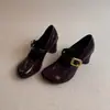 Edição em Couro de Vaca Mesmo Estilo Sapatos Mary Jane de Salto Alto para Meninas Salto Bloco de 7cm Sapatos de Solado Único Estilo Francês Retro Baixo Corte Sapatos Pequenos de Couro