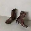 Botines Cuadrados de Piel Lavada Populares para Mujer 2025 Nuevo Estilo Invierno Simples Versátiles Tacón Grueso Cremallera Lateral Tacón Medio Botas de Moda