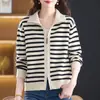 26 cárdigan de punto a rayas con doble cremallera estilo coreano para mujer, nuevo suéter chaqueta holgado y moderno para primavera, otoño e invierno