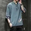 Camiseta Masculina de Verão Linho Estilo Chinês Bordada Manga Curta Cropped Tamanho Grande Solta Gola V Algodão Linho Manga Curta Masculino
