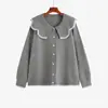 Cárdigan de punto con bloques de color y cuello Peter Pan para mujer, colección otoño 2026, talla grande, corte holgado, efecto adelgazante, prenda exterior, top 23268
