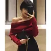 Top de Hombros Descubiertos Clavícula de un Hombro Color Albaricoque para Mujer Otoño/Invierno Manga Larga Ajustado Capa Interior Suéter de Punto Básico Jumper Talla Única