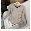 Suéter de Punto Plisado con Encaje Empalmado y Cuello en V de Manga Larga Estilo Pura Pasión para Mujer en Otoño e Invierno Delgado Aspecto Reductor de Edad Adelgazante Top
