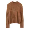 Suéter de caxemira casual com ombros caídos, gola semi-alta, malha de fio de veludo com trança vintage de gola redonda para outono e inverno