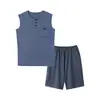 Conjunto de Pijama Masculino de Modal para o Verão com Colete Fino Sem Mangas e Shorts para Adolescentes Roupa Simples Casual para Casa