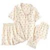 Conjunto de tres piezas de crepé de algodón puro para mujer primavera/verano con cuello camisero, manga corta, pantalones cortos, pijama loungewear talla grande, personalizable