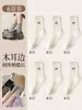 Calcetines grises con lazo para mujer, calcetines de media pantorrilla para primavera y otoño, calcetines apilados de encaje de ballet estilo Miu bordados de algodón puro para otoño