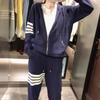 Traje Casual de Waffle para Mujer Corea Dongdaemun Primavera y Otoño Sudadera con Cremallera de Cuatro Rayas Chaqueta y Pantalones Conjunto de Dos Piezas