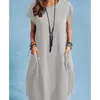 Transfronteiriço 2022 primavera e verão Europa e Estados Unidos produtos da Amazon stand ebay algodão e linho solto casual cor sólida vestido de bolso feminino