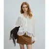 Camisa de Manga Larga Elegante Relajada con Volantes en V de Encaje Pesado Estilo Romántico/Francés de Tencel Countonm
